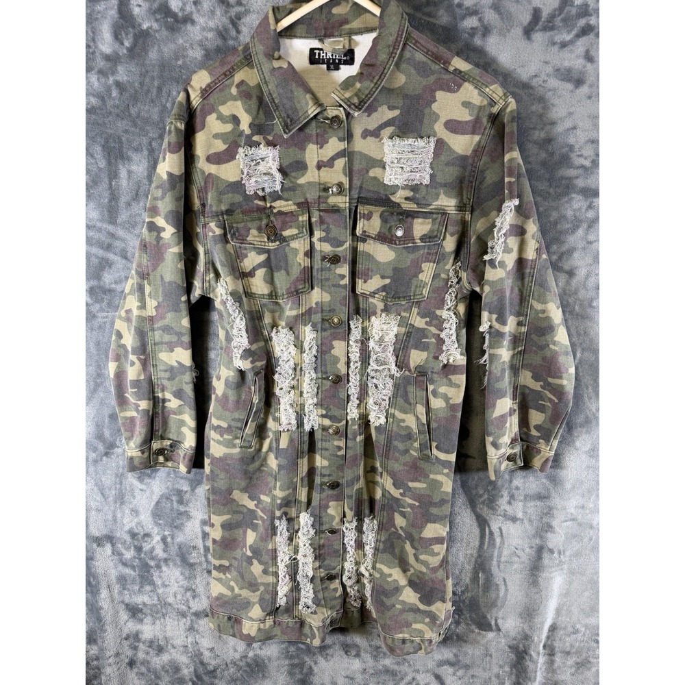 Thrill Jeans Camo Denim Jacket/Mini Dress Distressed
